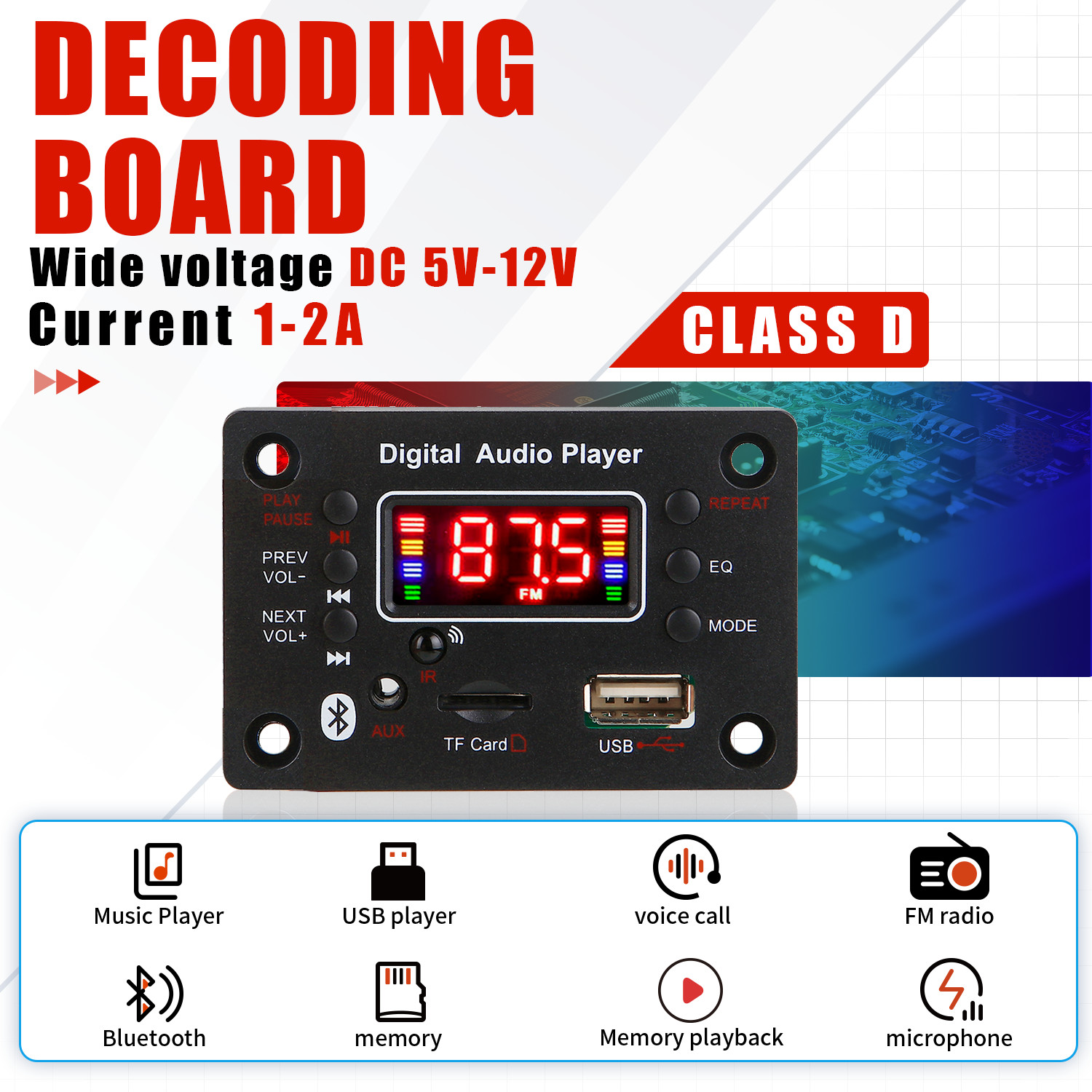 Audio Music Recorder - 12V inalámbrico manos libres Bluetooth 5,0